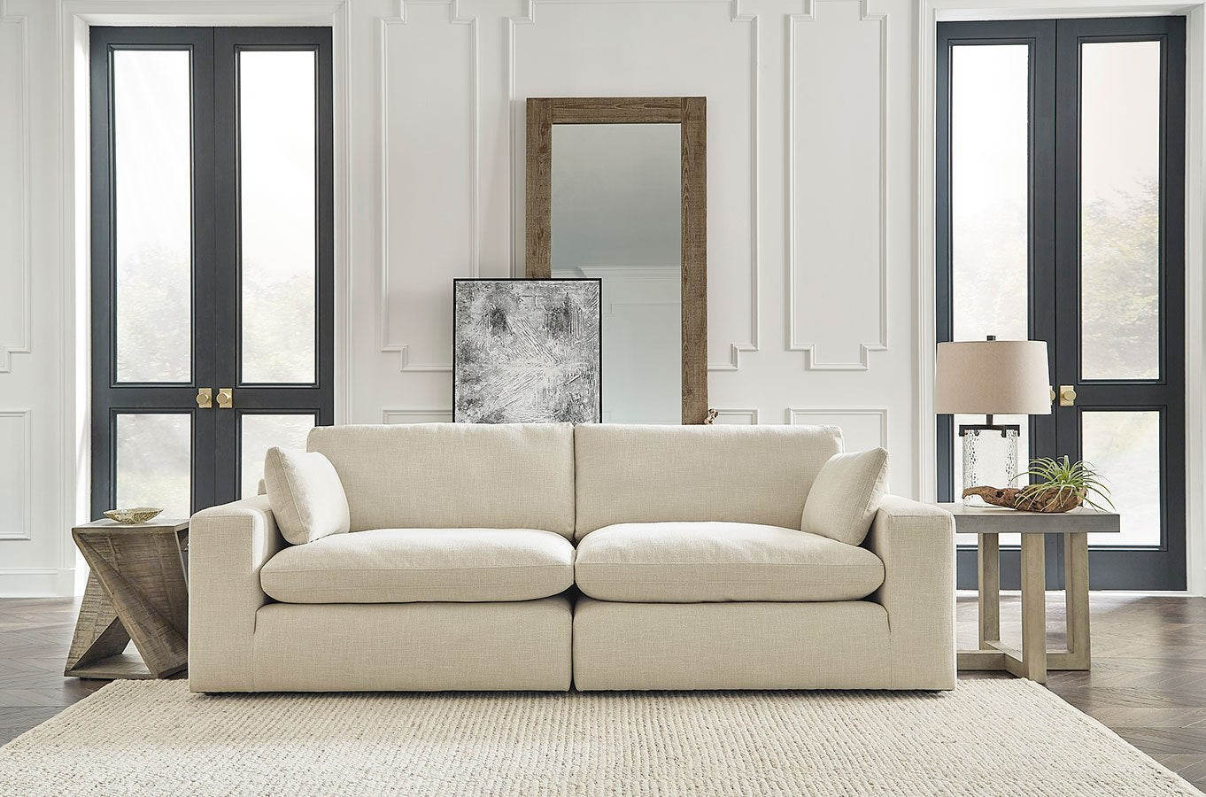 Elyza Beige Cloud Loveseat front view in living room