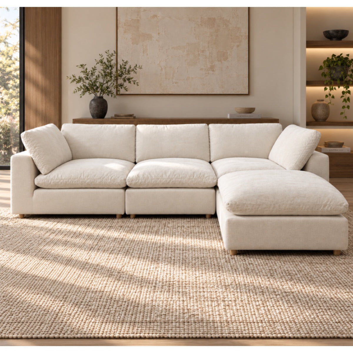 Ella Beige Down-Filled Cloud Couch - Ottoman Sectional