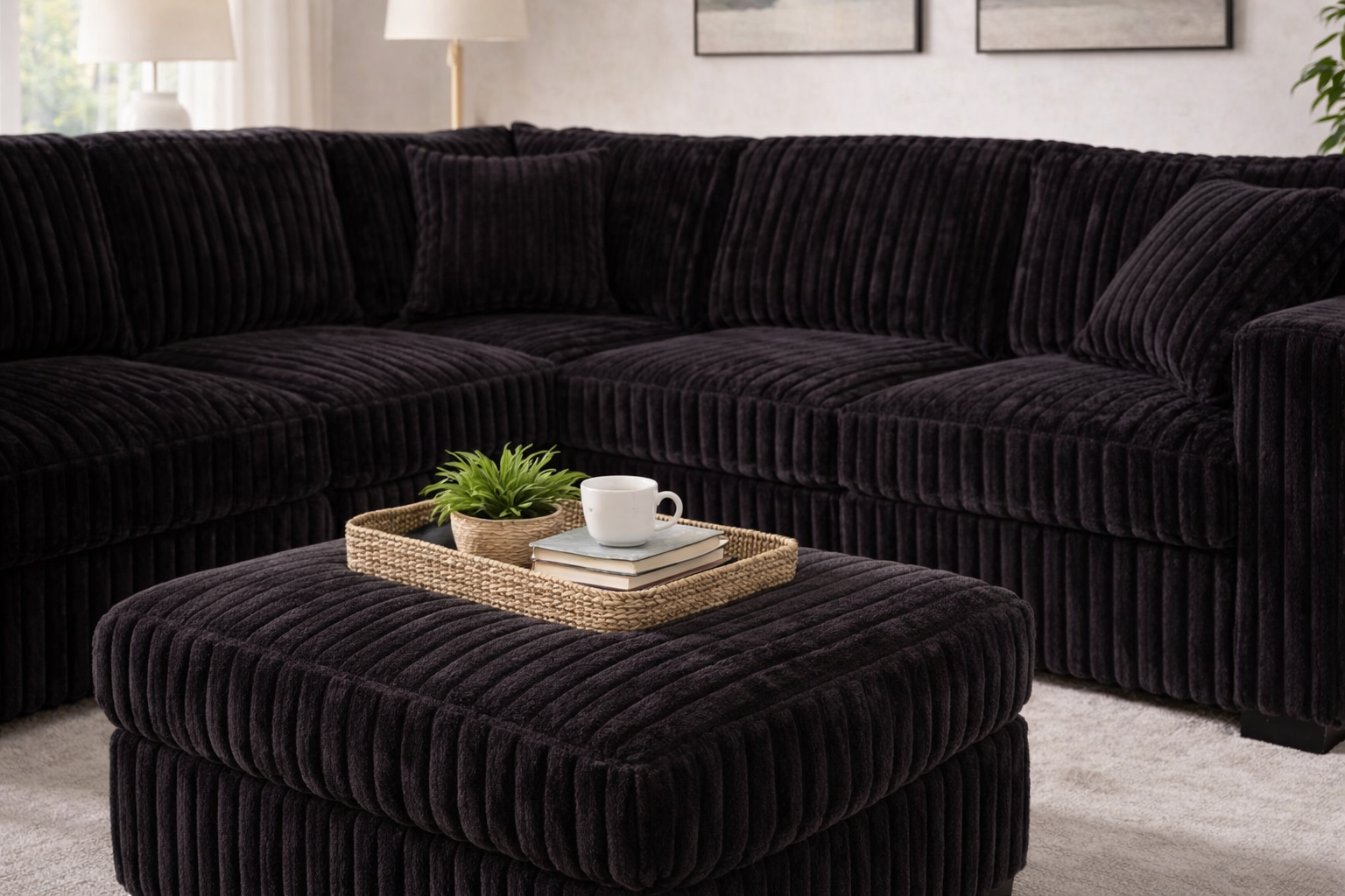 Midnight Haven Black Corduroy Sectional with Ottoman