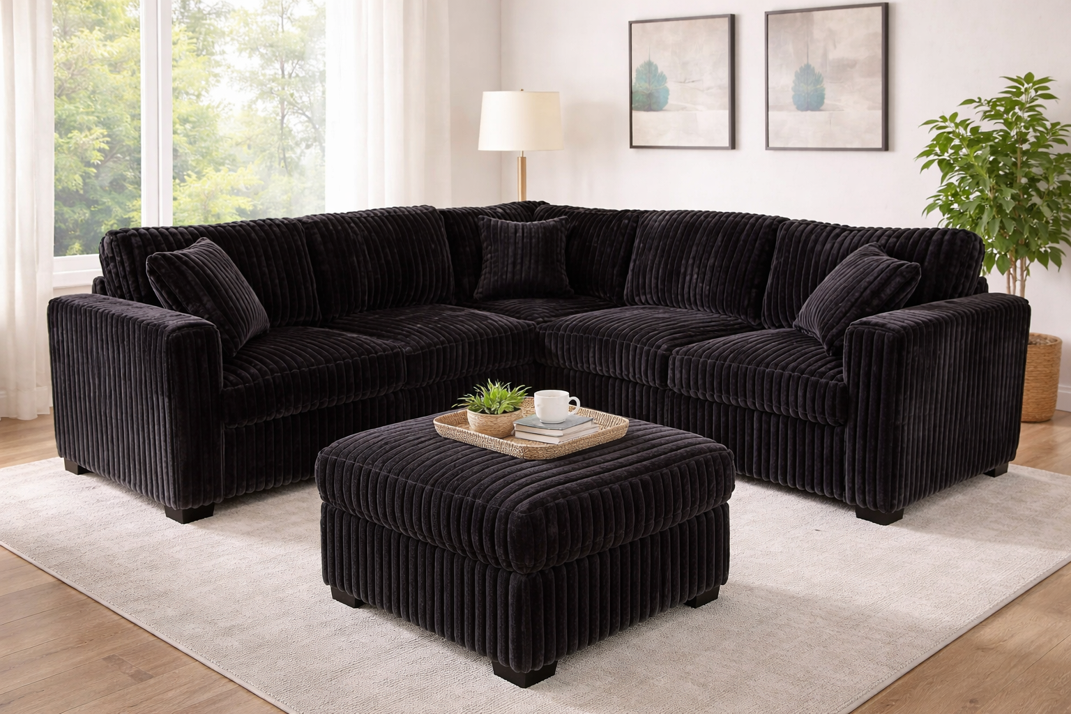 Midnight Haven Black Corduroy Sectional with Ottoman