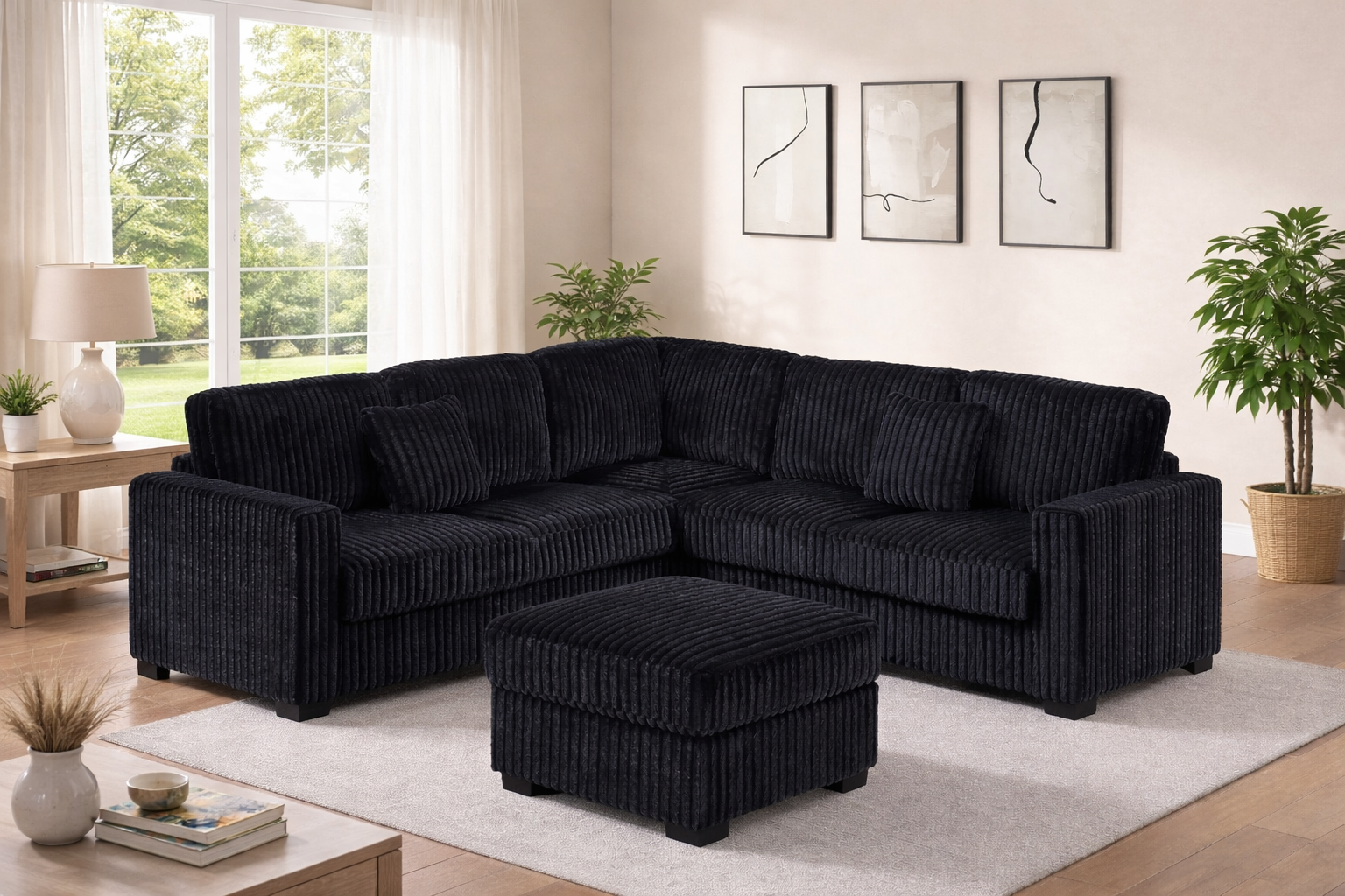 Midnight Haven Black Corduroy Sectional with Ottoman