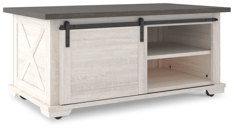 Close up image of Dorrinson Coffee Table with drawer open