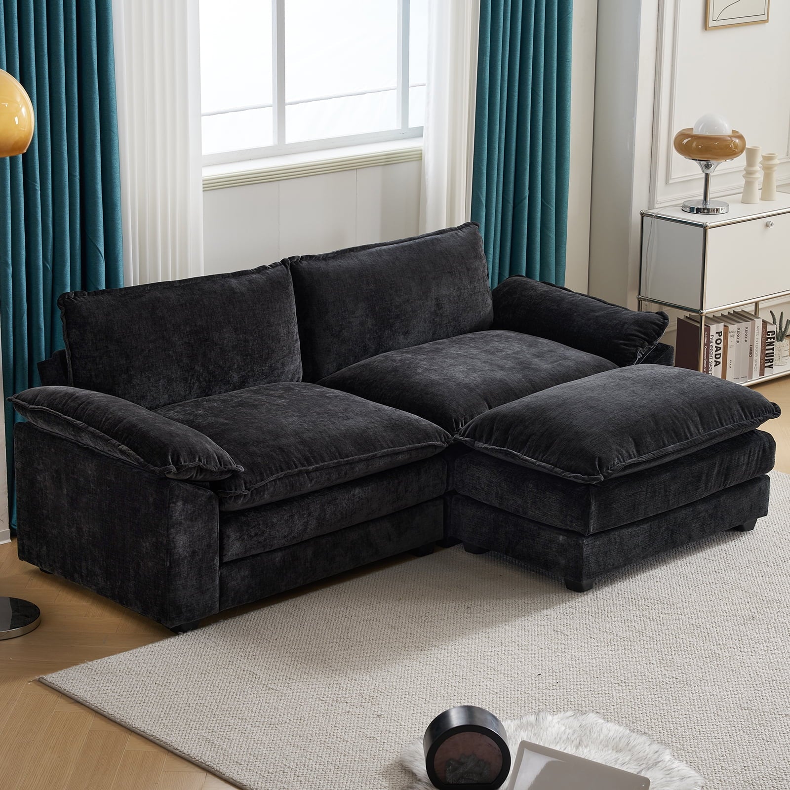 Dream Mellow Double Cushion Sofa Black two piece in living room