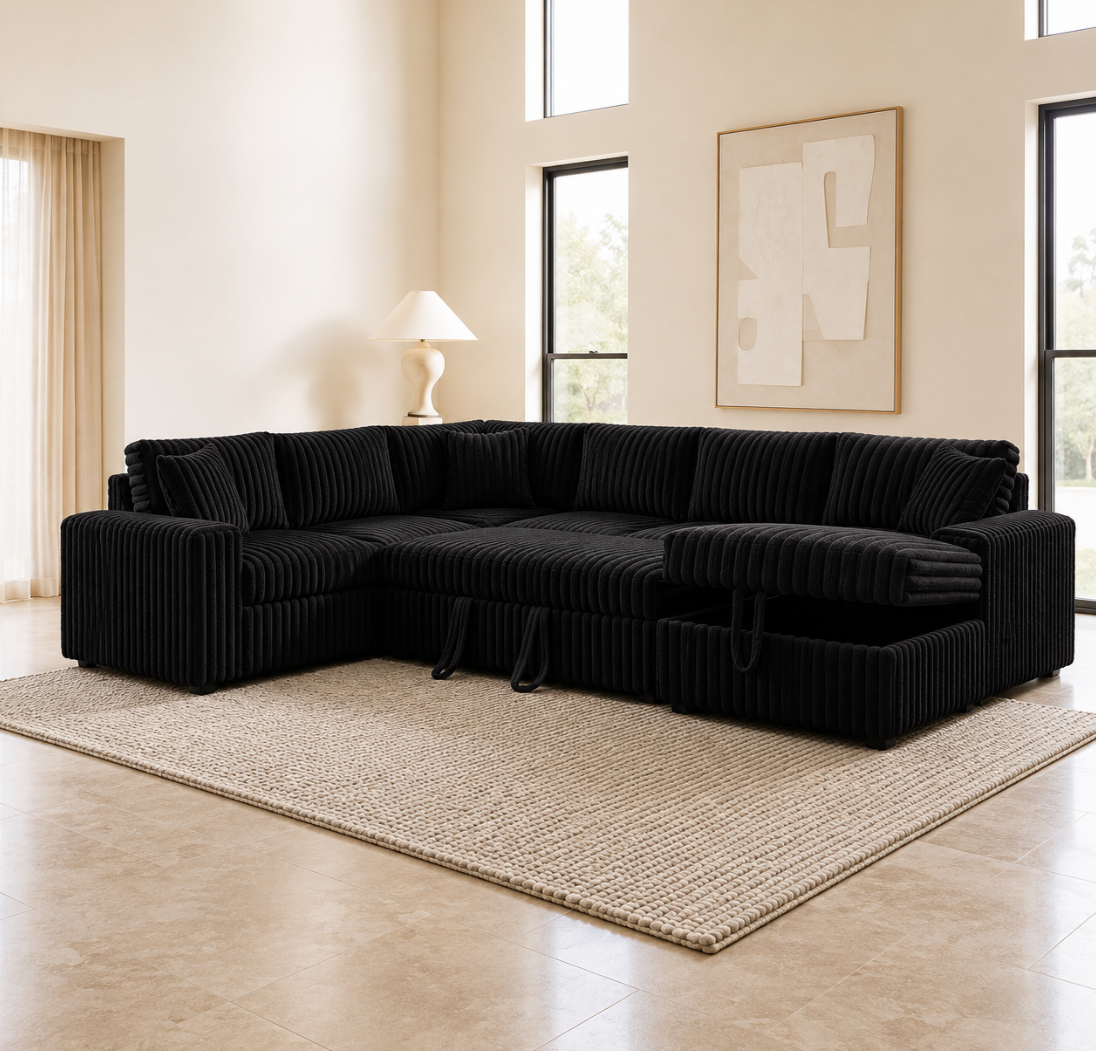 The Teddy Black Corduroy L-Shaped Sleeper Sectional with Storage & USB Charging